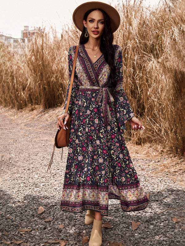 Floral V-Neck A-Line Midi Dress – Light Bohemian Style, Spring-Summer Fit