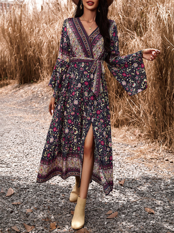 Floral V-Neck A-Line Midi Dress – Light Bohemian Style, Spring-Summer Fit