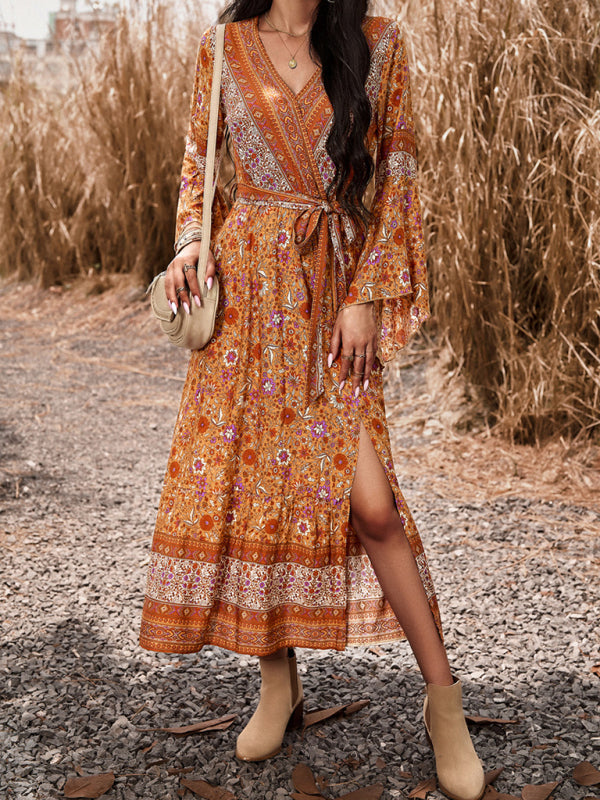 Floral V-Neck A-Line Midi Dress – Light Bohemian Style, Spring-Summer Fit
