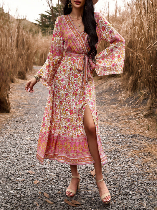 Floral V-Neck A-Line Midi Dress – Light Bohemian Style, Spring-Summer Fit