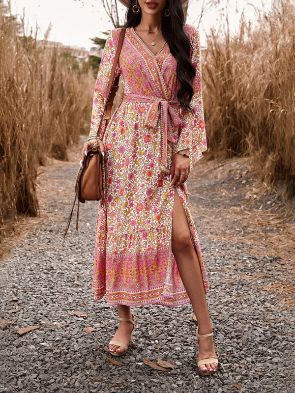 Floral V-Neck A-Line Midi Dress – Light Bohemian Style, Spring-Summer Fit
