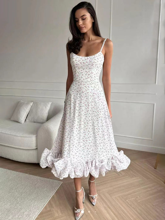 A-Line Suspender Dress with 3D Floral Detail – Flowing Spring Midi