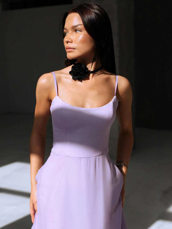 A-Line Suspender Dress with 3D Floral Detail – Flowing Spring Midi