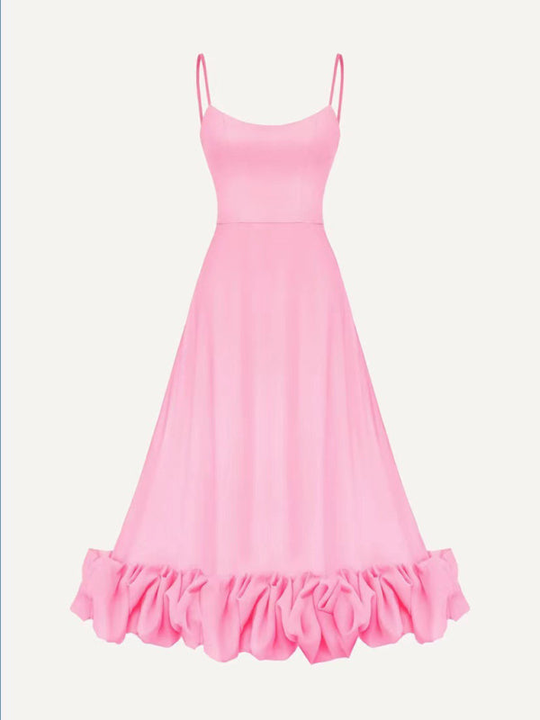 A-Line Suspender Dress with 3D Floral Detail – Flowing Spring Midi