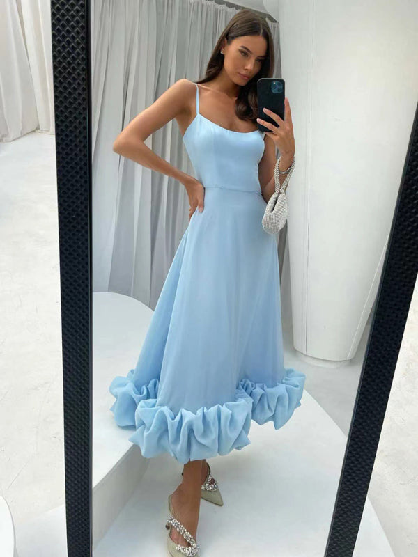 A-Line Suspender Dress with 3D Floral Detail – Flowing Spring Midi