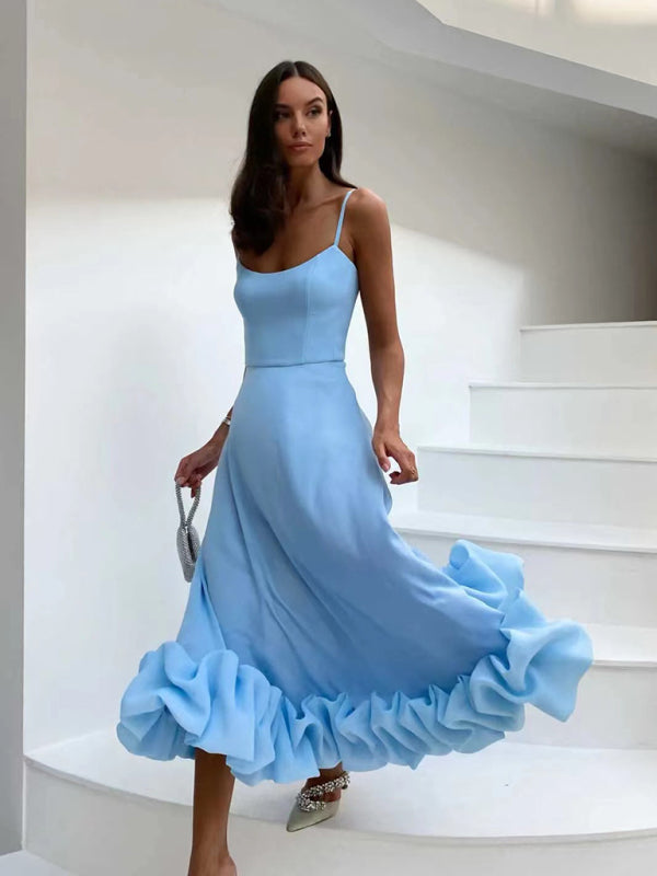 A-Line Suspender Dress with 3D Floral Detail – Flowing Spring Midi