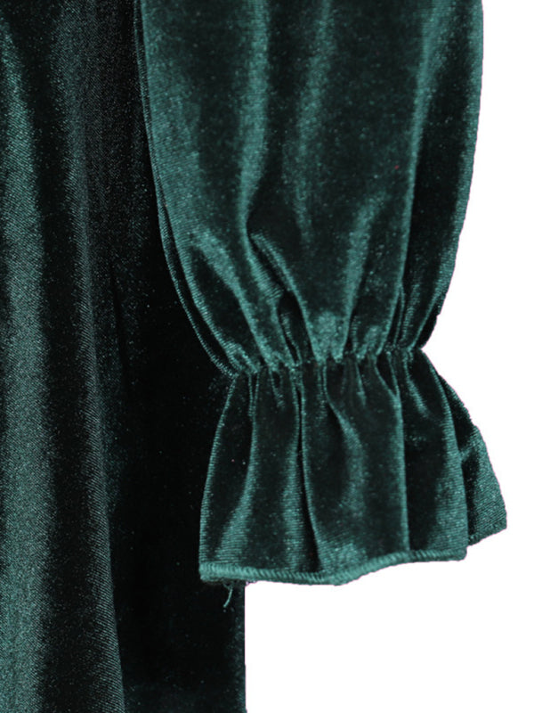 Velvet Long-Sleeve V-Neck Party Dress – Korean Style, Autumn/Winter