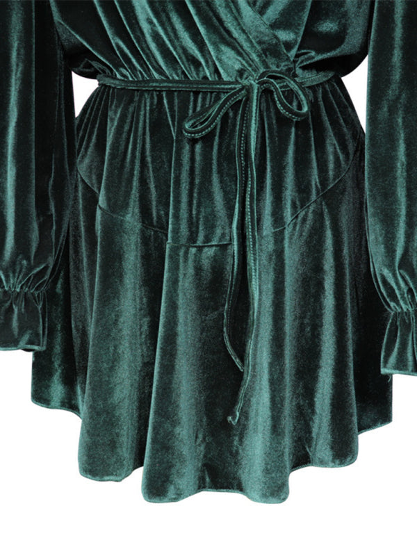 Velvet Long-Sleeve V-Neck Party Dress – Korean Style, Autumn/Winter