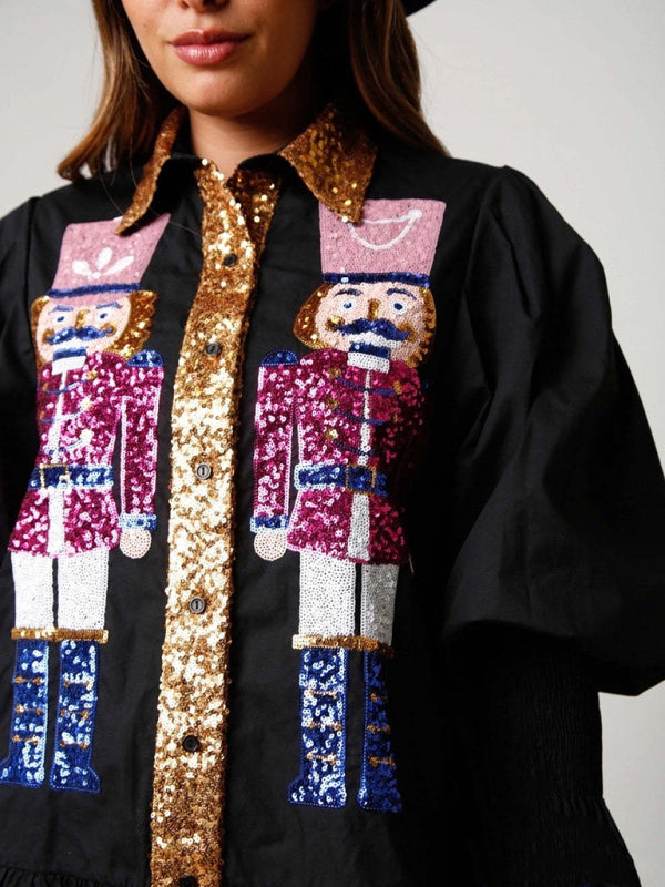 Sequin Christmas Dress with Lapel Collar – Long Sleeve Contrast Style