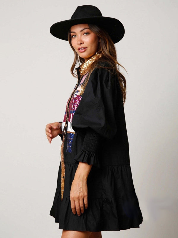 Sequin Christmas Dress with Lapel Collar – Long Sleeve Contrast Style