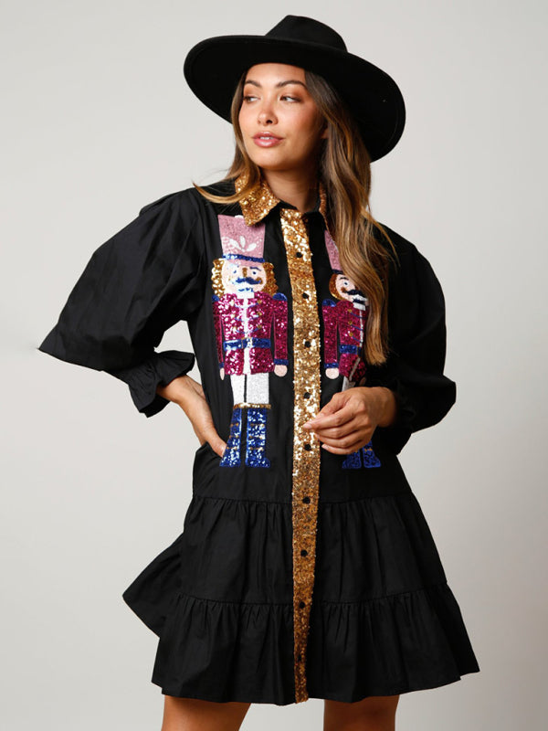 Sequin Christmas Dress with Lapel Collar – Long Sleeve Contrast Style