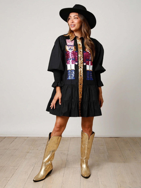 Sequin Christmas Dress with Lapel Collar – Long Sleeve Contrast Style