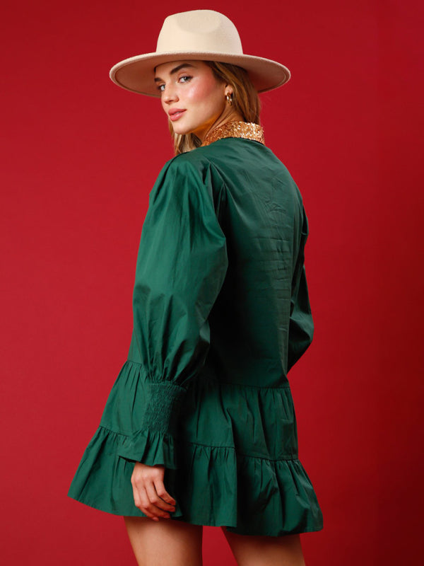 Sequin Christmas Dress with Lapel Collar – Long Sleeve Contrast Style