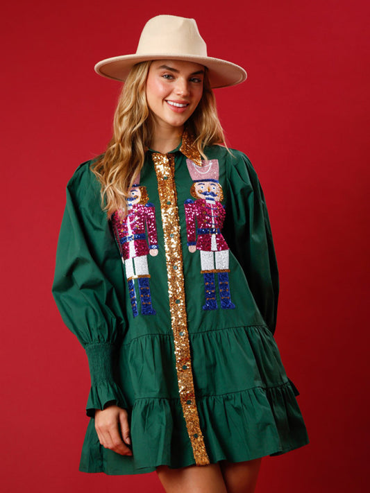 Sequin Christmas Dress with Lapel Collar – Long Sleeve Contrast Style