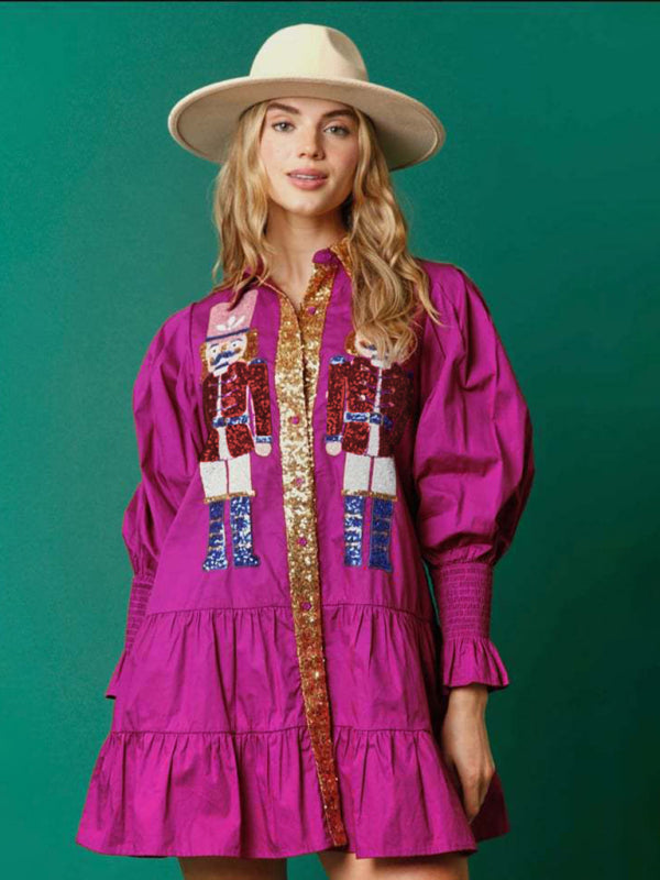 Sequin Christmas Dress with Lapel Collar – Long Sleeve Contrast Style