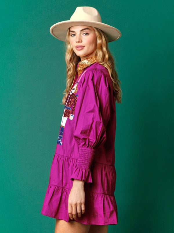 Sequin Christmas Dress with Lapel Collar – Long Sleeve Contrast Style