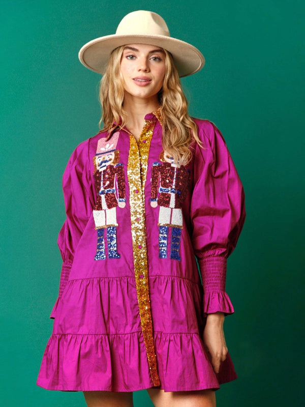 Sequin Christmas Dress with Lapel Collar – Long Sleeve Contrast Style