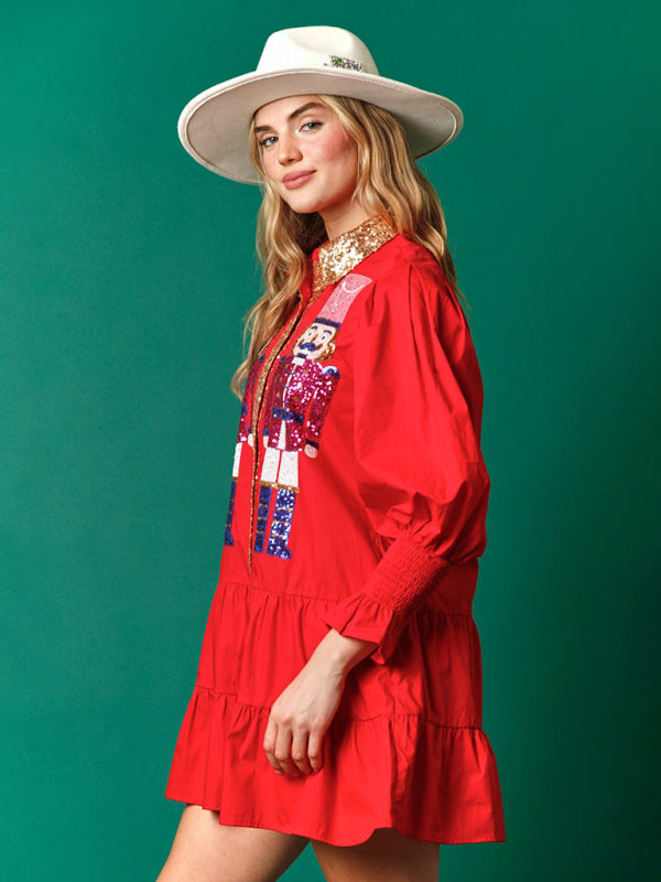 Sequin Christmas Dress with Lapel Collar – Long Sleeve Contrast Style