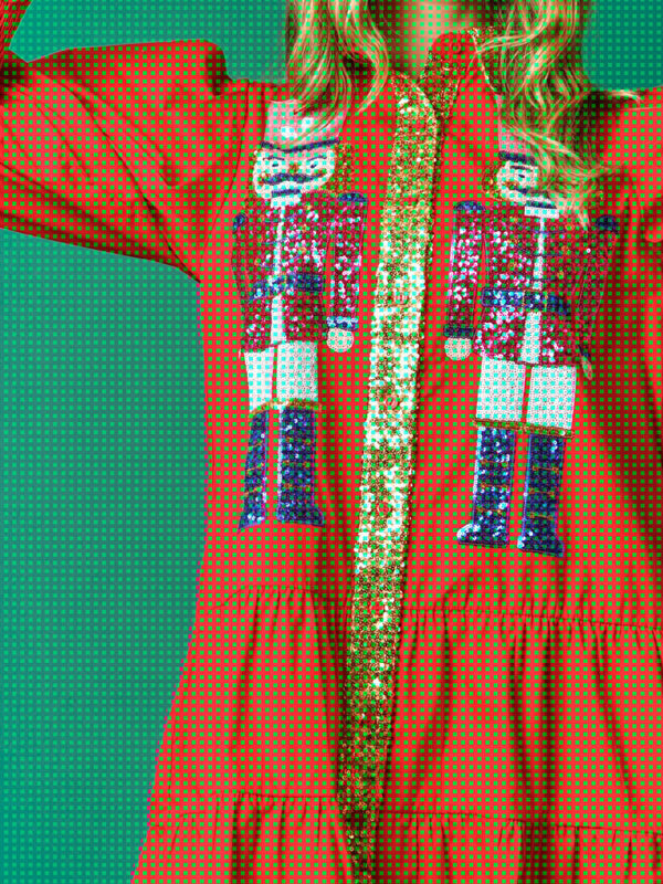 Sequin Christmas Dress with Lapel Collar – Long Sleeve Contrast Style