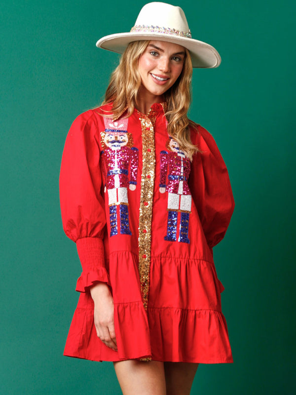 Sequin Christmas Dress with Lapel Collar – Long Sleeve Contrast Style