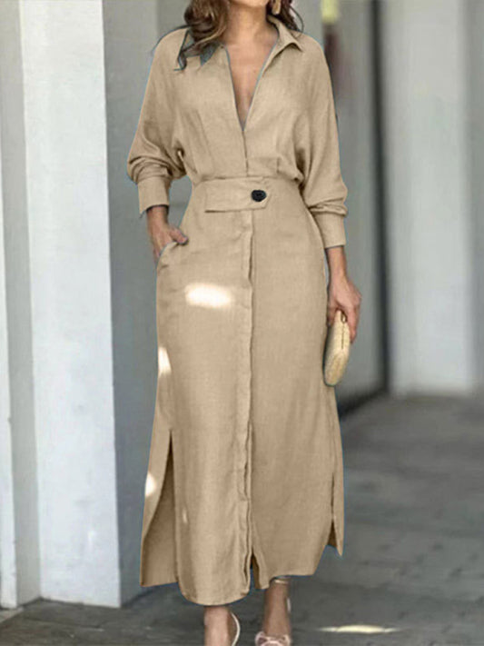 Lace-Up Waist Irregular Long-Sleeve Shirt Dress – Solid Color Office & Casual Look