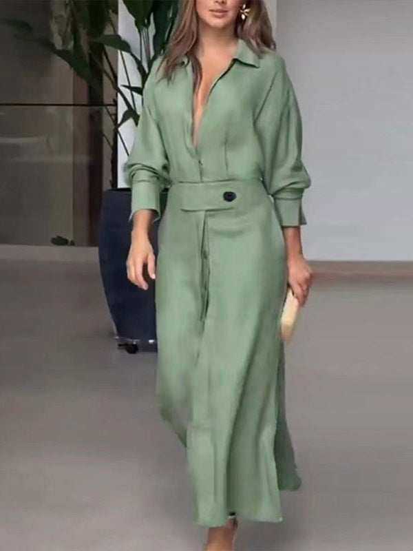 Lace-Up Waist Irregular Long-Sleeve Shirt Dress – Solid Color Office & Casual Look