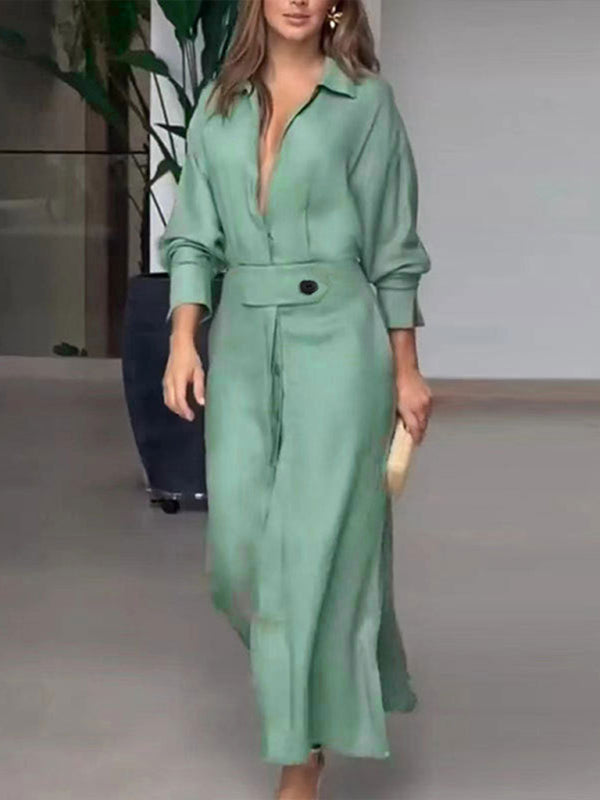 Lace-Up Waist Irregular Long-Sleeve Shirt Dress – Solid Color Office & Casual Look