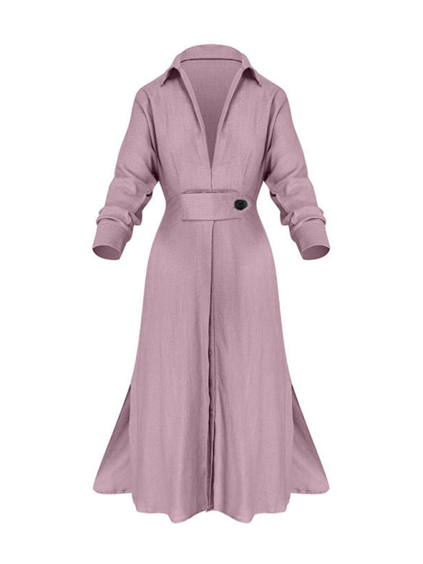 Lace-Up Waist Irregular Long-Sleeve Shirt Dress – Solid Color Office & Casual Look