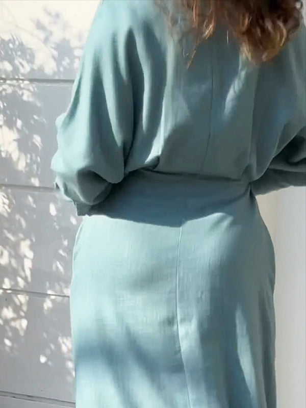 Lace-Up Waist Irregular Long-Sleeve Shirt Dress – Solid Color Office & Casual Look