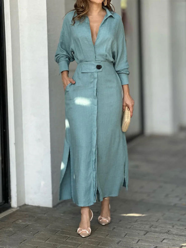 Lace-Up Waist Irregular Long-Sleeve Shirt Dress – Solid Color Office & Casual Look