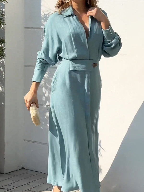 Lace-Up Waist Irregular Long-Sleeve Shirt Dress – Solid Color Office & Casual Look