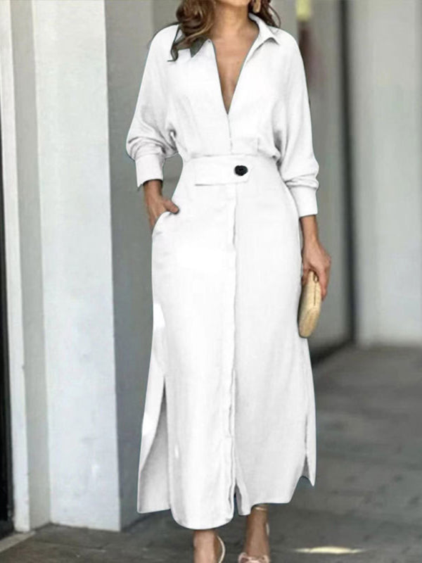 Lace-Up Waist Irregular Long-Sleeve Shirt Dress – Solid Color Office & Casual Look