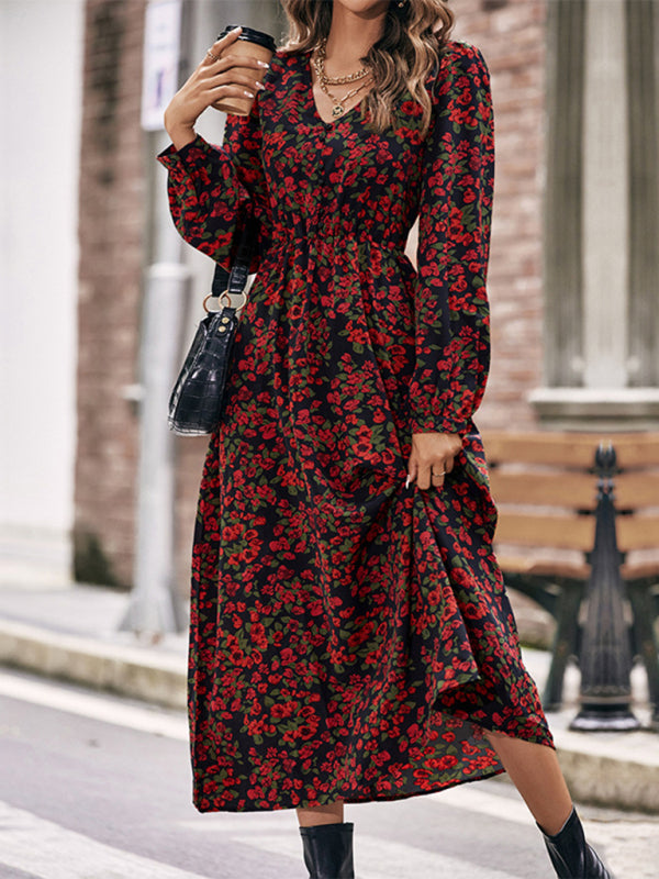 Printed Long Sleeve Maxi Dress – Elegant Woven Polyester for All Seasons