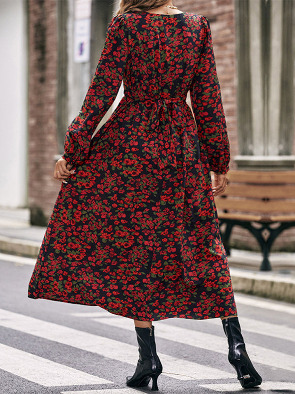Printed Long Sleeve Maxi Dress – Elegant Woven Polyester for All Seasons