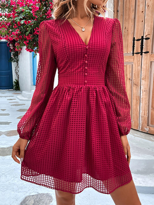 Air Hollow A-Line V-Neck Dress – Grace Style Mini Dress in Wine Red