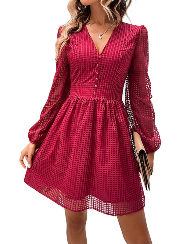 Air Hollow A-Line V-Neck Dress – Grace Style Mini Dress in Wine Red