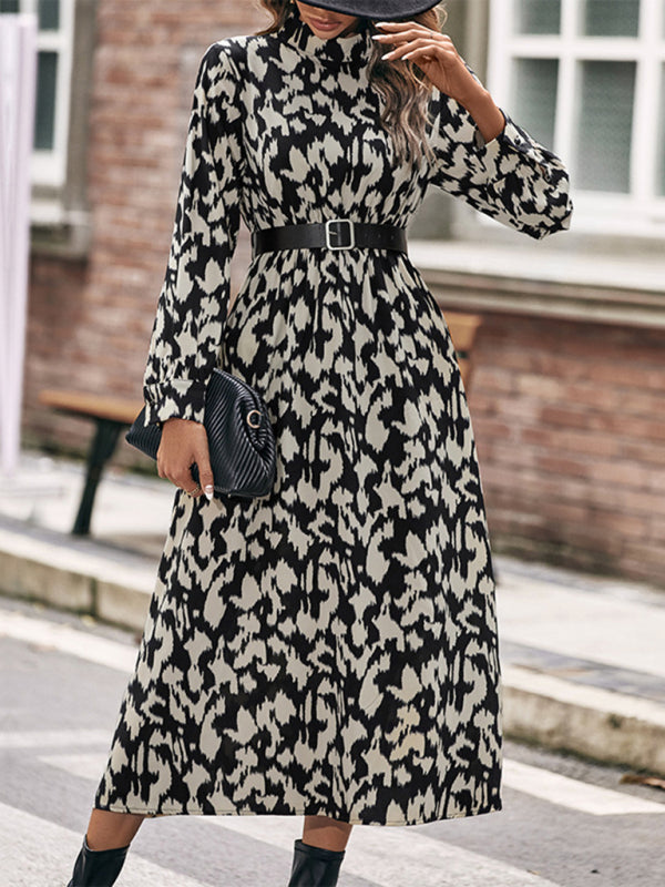 Elegant Long Sleeve Leopard Print Dress – Autumn-Winter Woven Fit