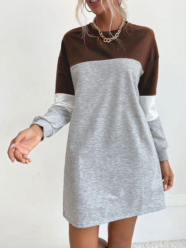 Color Block Long Sleeve Sweatshirt Dress – Relaxed Fit & Soft Knit Fabric
