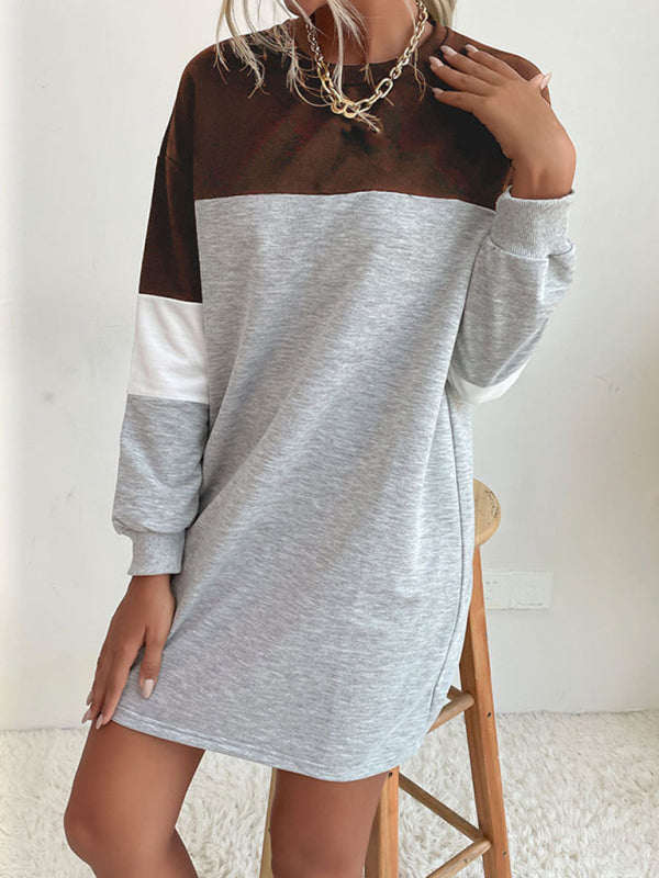 Color Block Long Sleeve Sweatshirt Dress – Relaxed Fit & Soft Knit Fabric