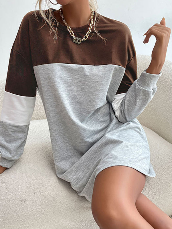Color Block Long Sleeve Sweatshirt Dress – Relaxed Fit & Soft Knit Fabric