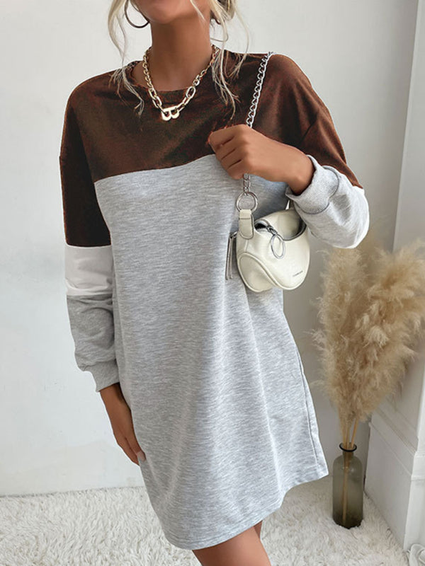 Color Block Long Sleeve Sweatshirt Dress – Relaxed Fit & Soft Knit Fabric