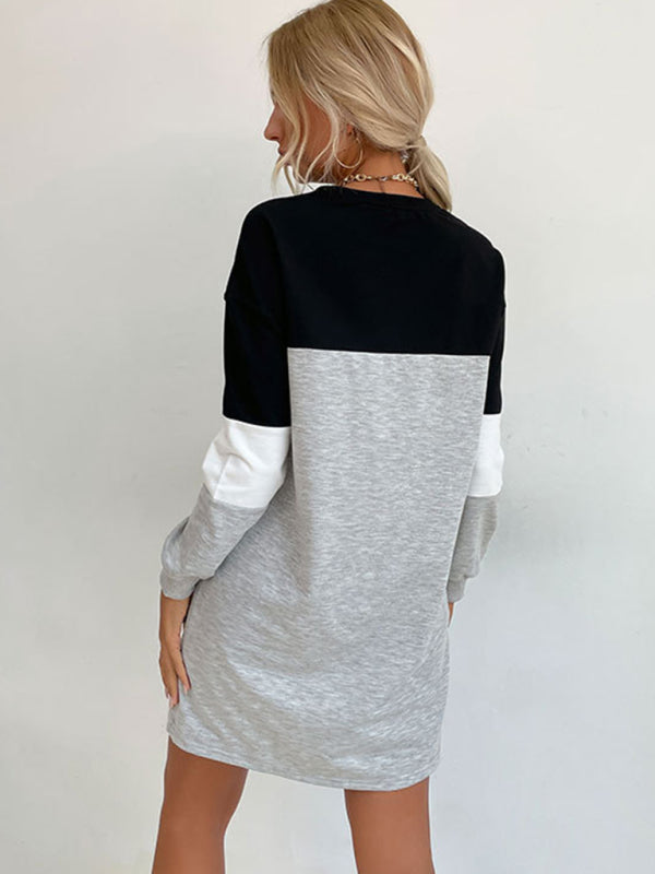 Color Block Long Sleeve Sweatshirt Dress – Relaxed Fit & Soft Knit Fabric