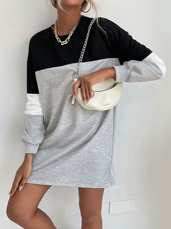 Color Block Long Sleeve Sweatshirt Dress – Relaxed Fit & Soft Knit Fabric