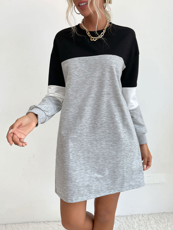Color Block Long Sleeve Sweatshirt Dress – Relaxed Fit & Soft Knit Fabric