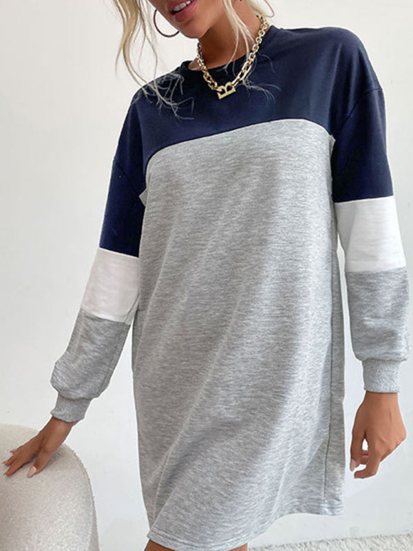 Color Block Long Sleeve Sweatshirt Dress – Relaxed Fit & Soft Knit Fabric