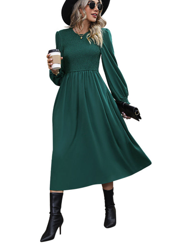 Elegant Solid Color Round Neck Woven Dress – Graceful Fit, All-Season Wear