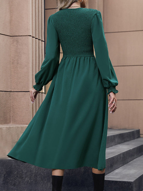 Elegant Solid Color Round Neck Woven Dress – Graceful Fit, All-Season Wear