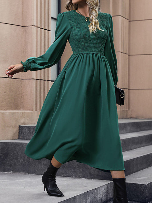 Elegant Solid Color Round Neck Woven Dress – Graceful Fit, All-Season Wear