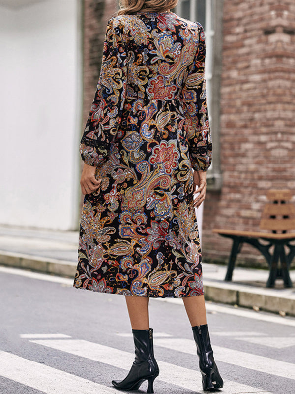 Elegant Full-Body Printed Long Sleeve Dress – Graceful, Woven Style