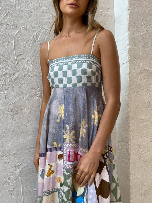 Romantic Grey Printed Cotton Swing Slip Dress – Summer Midi Cami Style